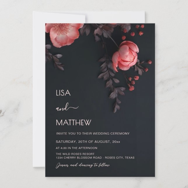 Convites Elegant Dark Moody 3D Roses Wedding (Frente)