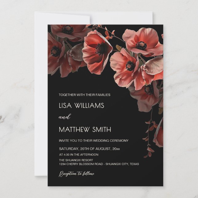 Convites Elegant Dark Moody Red Flowers | Photo Wedding (Frente)