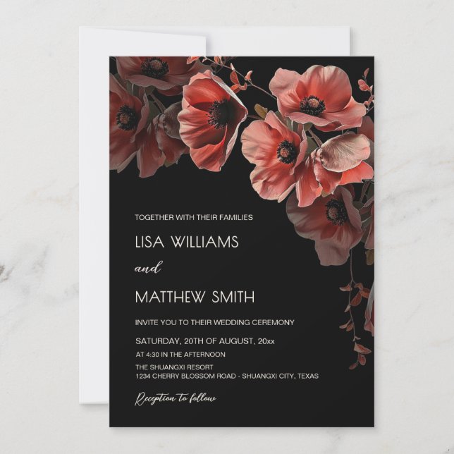 Convites Elegant Dark Moody Red Flowers Wedding (Frente)