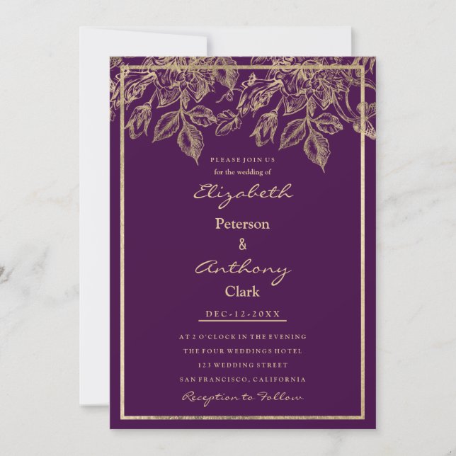 Convites Elegant dark purple gold luxury floral Wedding (Frente)