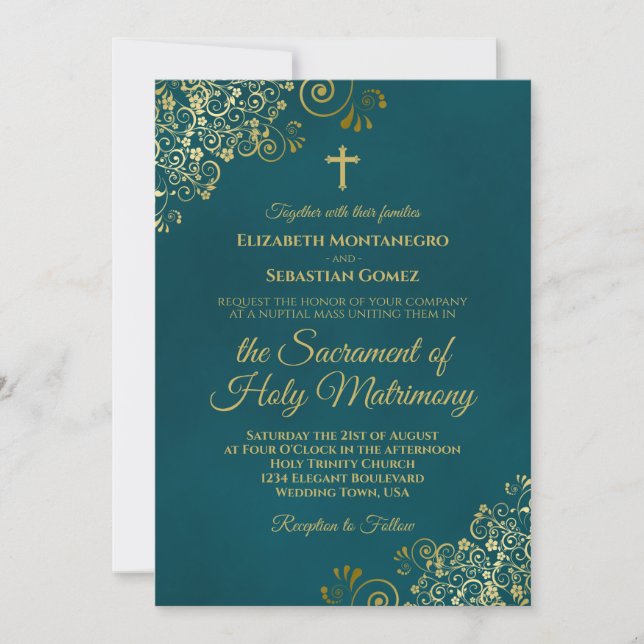 Convites Elegant Dark Teal & Gold Modern Catholic Wedding (Frente)