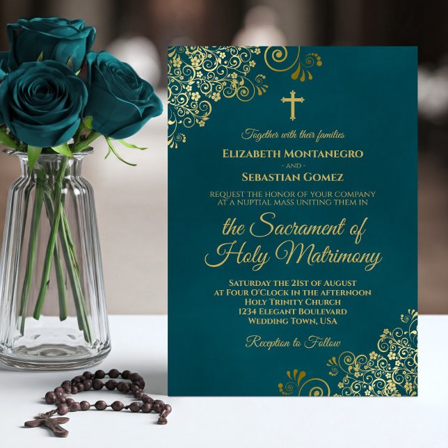 Convites Elegant Dark Teal & Gold Modern Catholic Wedding (Criador carregado)