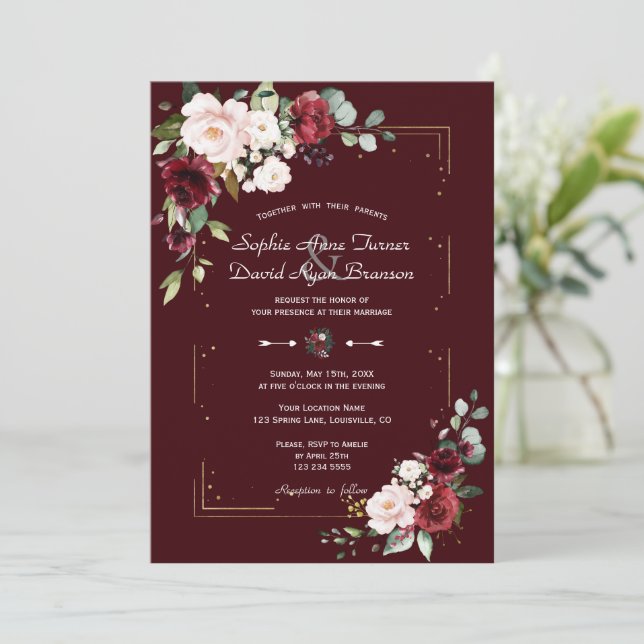 Convites Elegant Deep Burgundy Blush Flowers Gold Wedding  (Em pé/Frente)