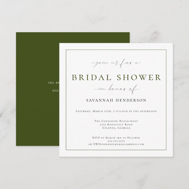 Convites Elegant Deep Green Bridal Shower Classic (Frente/Verso)
