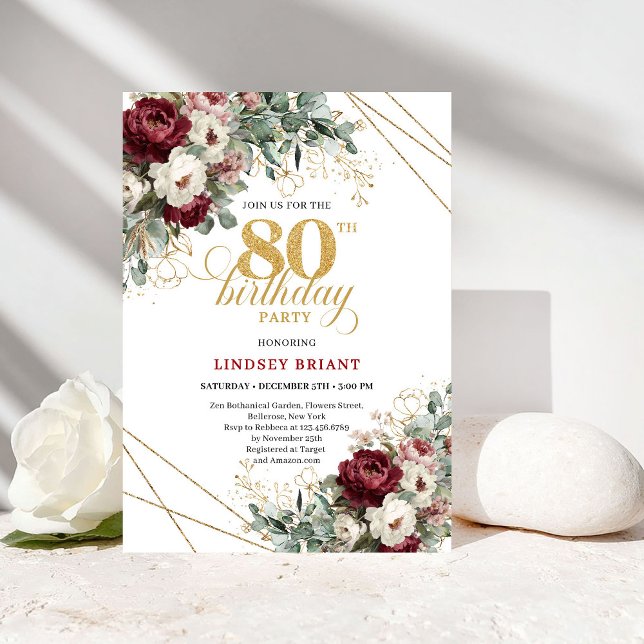 Convites Elegant Deep Red Floral 80th Birthday Invitation (Elegant Deep Red Floral 80th Birthday)