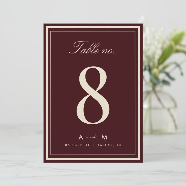 Convites Elegant Deep Red Wedding 5x7 Table Number Card (Em pé/Frente)