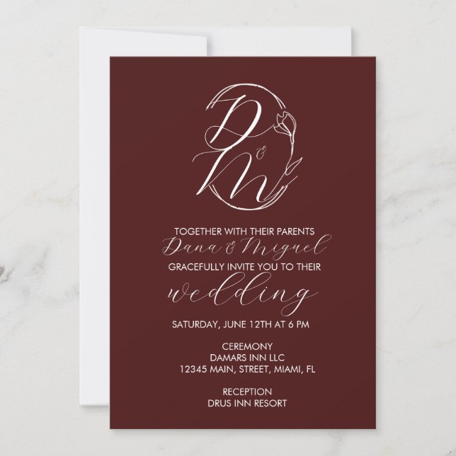 Convites Elegant Delicate Floral Wedding Logo Deep Burgundy (Frente)