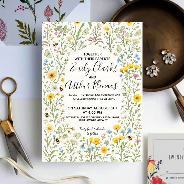 Convites Elegant Delicate Garden Wild Flowers Wedding  (Criador carregado)
