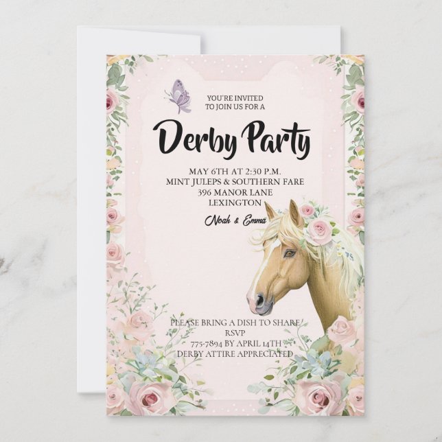 Convites Elegant Derby Party Invitation with Floral Accents (Frente)