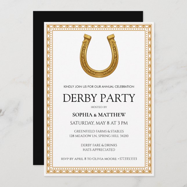 Convites Elegant Derby Party Invitation with Gold Horseshoe (Frente/Verso)