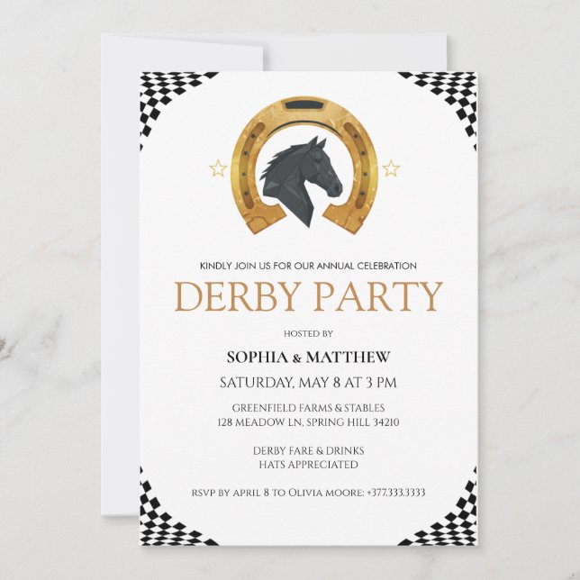 Convites Elegant Derby Party Invitation with Gold Horseshoe (Frente)