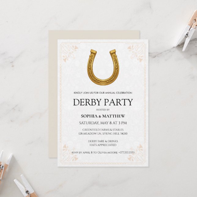 Convites Elegant Derby Party Invitation with Gold Horseshoe (Frente/Verso In Situ)