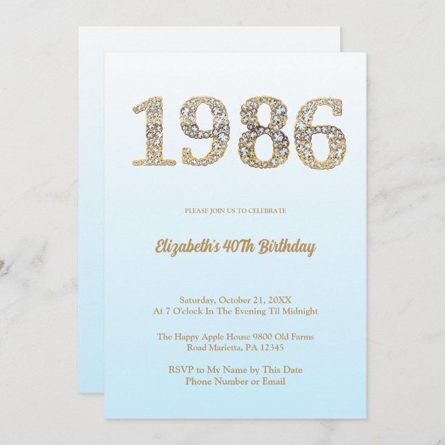 Convites Elegant Diamond Year 1986 40th Birthday Party (Frente/Verso)