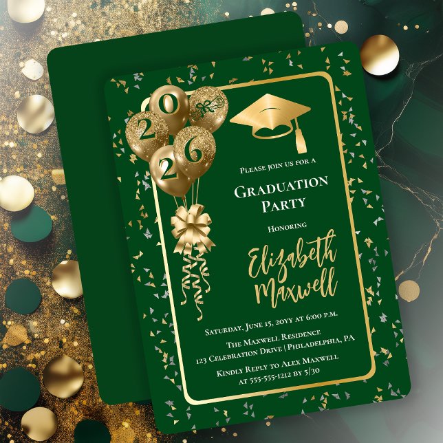 Convites Elegant Dk Green Gold Balloons Graduation Party (Elegant Dark Green and Gold Tone Graduation Party Invitation Balloons and Confetti - Print | Digital)