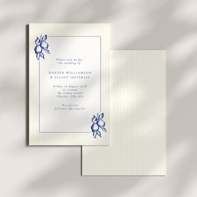 Convites Elegant Doodle Blue Lemons & Stripes Wedding (Criador carregado)