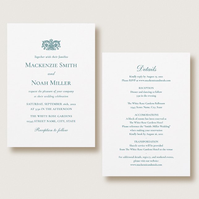 Convites Elegant Double-sided Wedding Invitation Teal (Criador carregado)