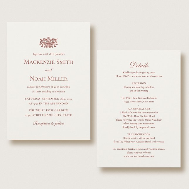 Convites Elegant Double-sided Wedding Invitation Terracotta (Criador carregado)