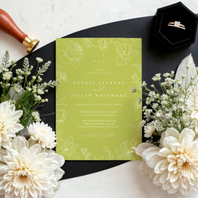 Convites Elegant Drawn Floral Citrus Green Garden Wedding (Criador carregado)