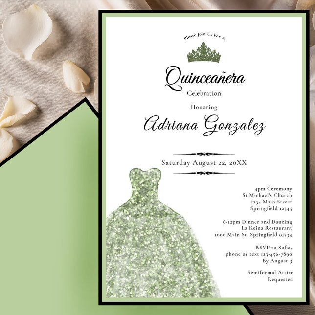 Convites Elegant dress 15th birthday sage green Quinceanera (Criador carregado)