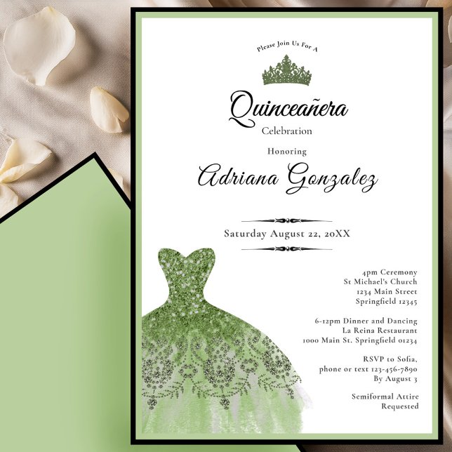 Convites Elegant dress 15th birthday sage green Quinceanera (Criador carregado)