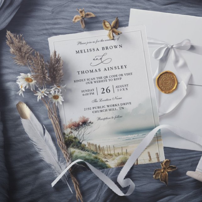 Convites Elegant Dusky Coastal Sand Beach QR Code Wedding (Criador carregado)