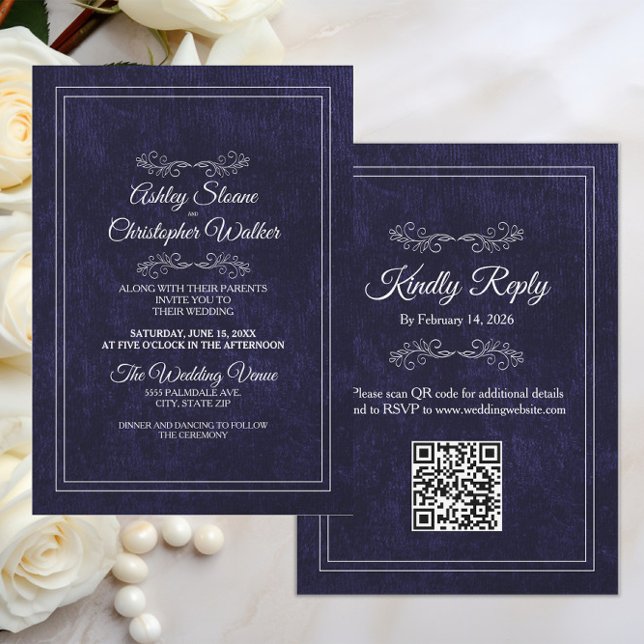 Convites Elegant Dusty Black White QR code Wedding (Black velvet and white text elegant wedding invitation and rsvp combination with your QR code)