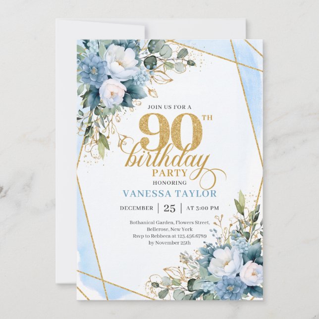 Convites Elegant Dusty Blue 90th Birthday Floral Script  (Frente)