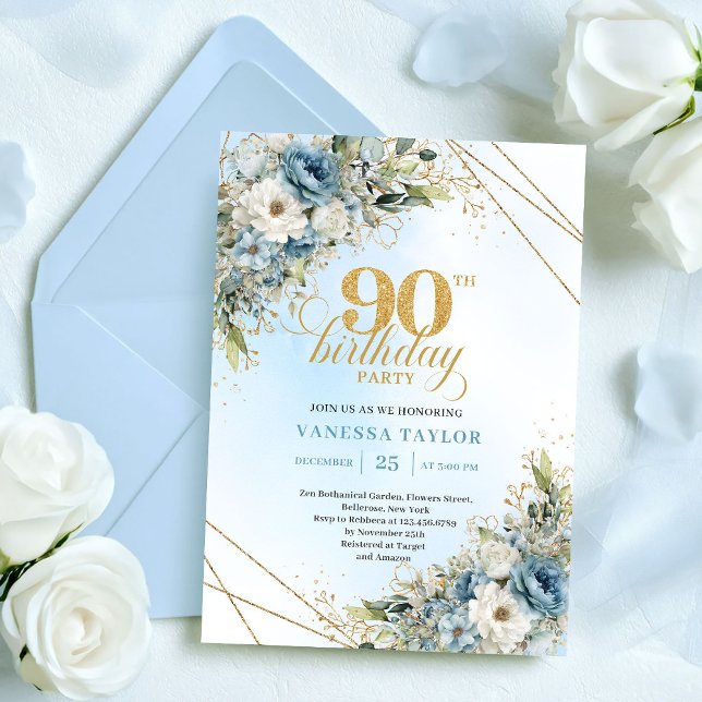 Convites Elegant Dusty Blue Botanical 90th Birthday Invite (Elegant Dusty Blue Botanical 90th Birthday Invite

)