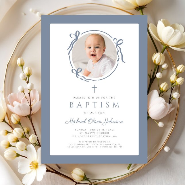 Convites Elegant Dusty Blue Bow Photo Baptism (Elegant Dusty Blue Bow Photo Baptism Invitation)