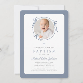 Convites Elegant Dusty Blue Bow Photo Boy Baptism