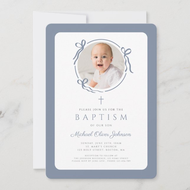 Convites Elegant Dusty Blue Bow Photo Boy Baptism (Frente)