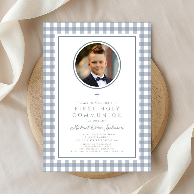 Convites Elegant Dusty Blue Bow Photo Boy First Communion (Elegant Dusty Blue Bow Photo Boy First Communion Invitation)