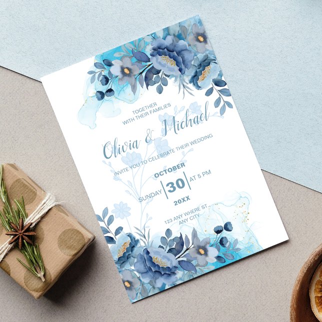 Convites Elegant Dusty Blue Chinoiserie Floral Wedding (Criador carregado)