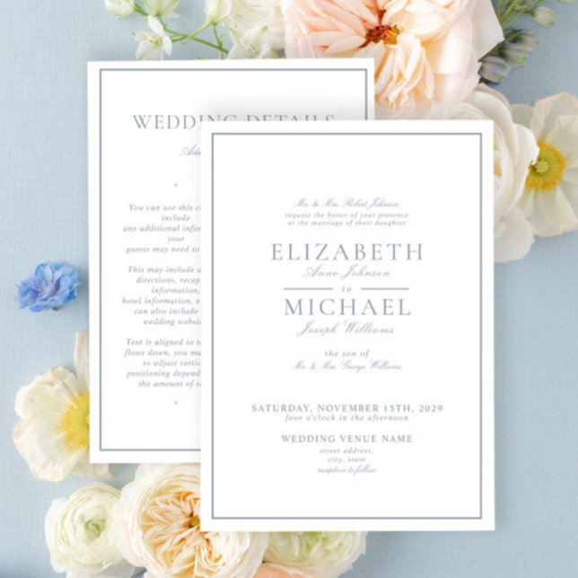 Convites Elegant Dusty Blue Classic Script Details Wedding (Criador carregado)