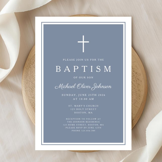 Convites Elegant Dusty Blue Cross Baby Boy Baptism (Elegant Dusty Blue Cross Baby Boy Baptism Invitation)