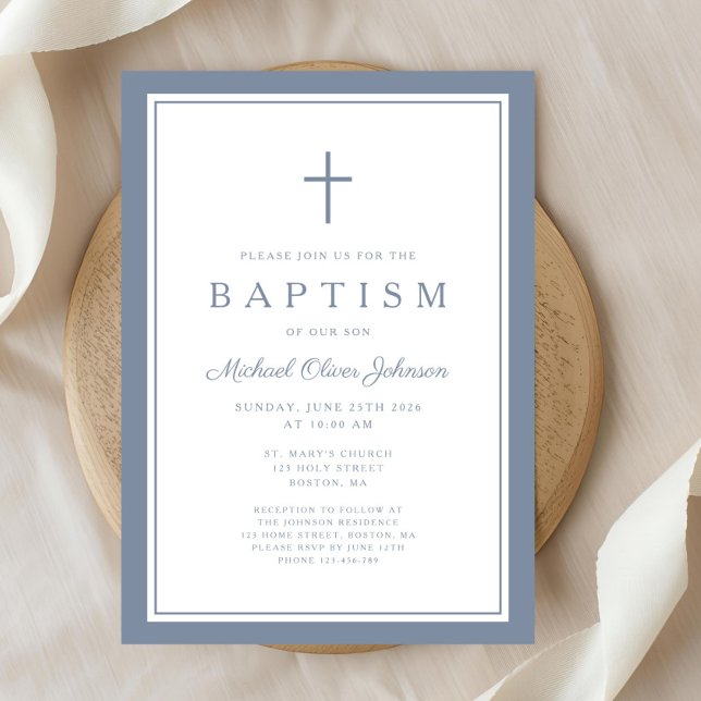 Convites Elegant Dusty Blue Cross Baby Boy Baptism (Elegant Dusty Blue Cross Baby Boy Baptism Invitation)