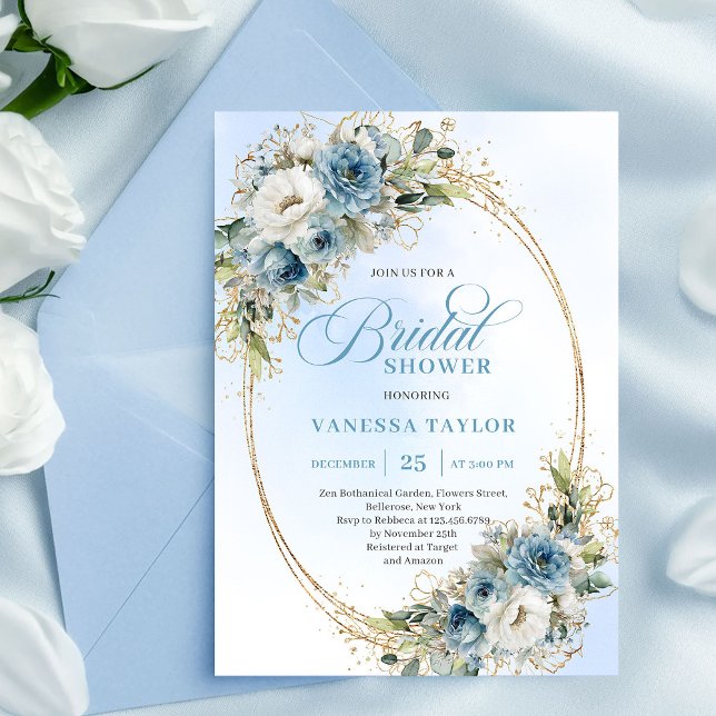 Convites Elegant Dusty Blue Eucalyptus Gold Bridal Shower  (Elegant Dusty Blue Eucalyptus Gold Bridal Shower Invite)