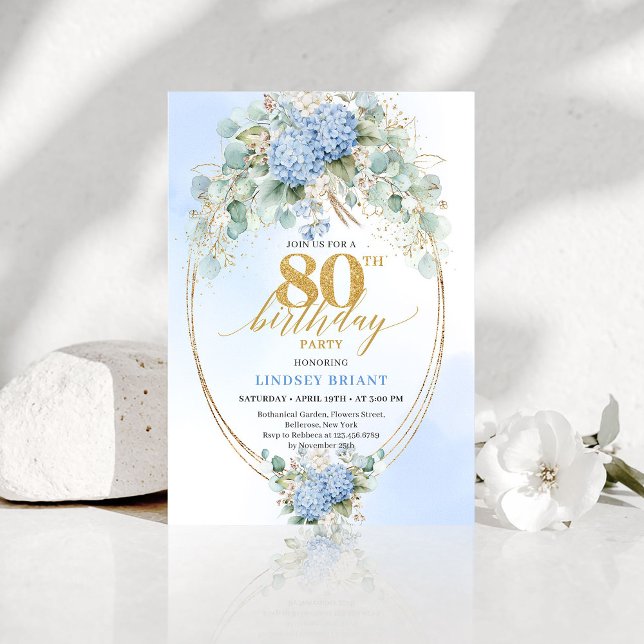 Convites Elegant Dusty Blue Floral 80th Birthday Invitation (Elegant Dusty Blue Floral 80th Birthday Invitation)