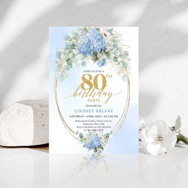 Convites Elegant Dusty Blue Floral 80th Birthday Invitation (Elegant Dusty Blue Floral 80th Birthday Invitation)