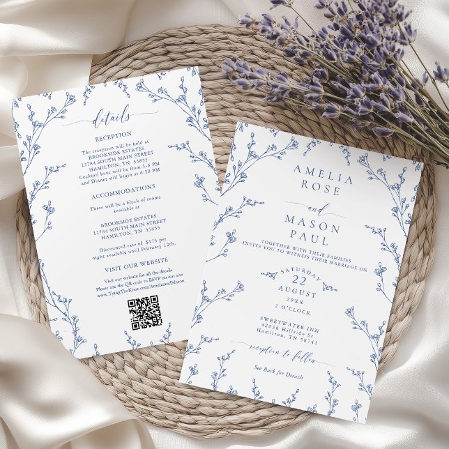 Convites Elegant Dusty Blue Floral All-In-One Wedding (Elegant Dusty Blue Floral All-In-One Wedding Invitation)