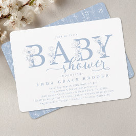 Convites Elegant Dusty Blue Floral Baby Shower Typography