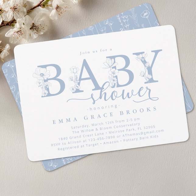 Convites Elegant Dusty Blue Floral Baby Shower Typography (Dusty Blue Baby Shower Invite)