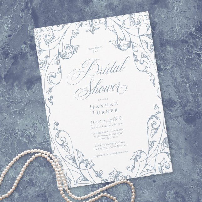 Convites Elegant Dusty Blue Floral Frame Bridal Shower (Elegant Dusty Blue Floral Frame Bridal Shower Invitation)