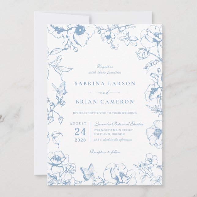 Convites Elegant Dusty Blue Floral Garden QR Code Wedding (Frente)