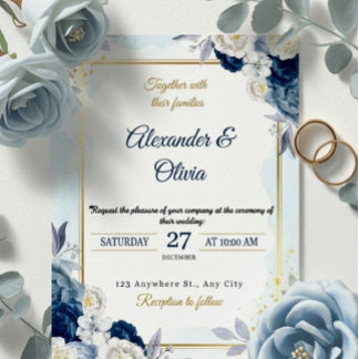 Convites Elegant Dusty Blue Floral Gold Frame Wedding