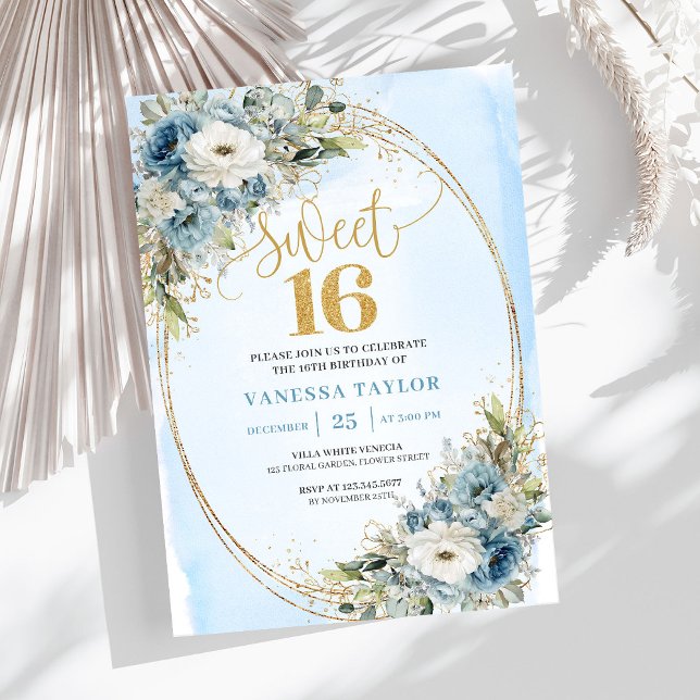 Convites Elegant Dusty Blue Floral Gold Sweet Sixteen 16th (Elegant Dusty Blue Floral Gold Sweet Sixteen Invitation)