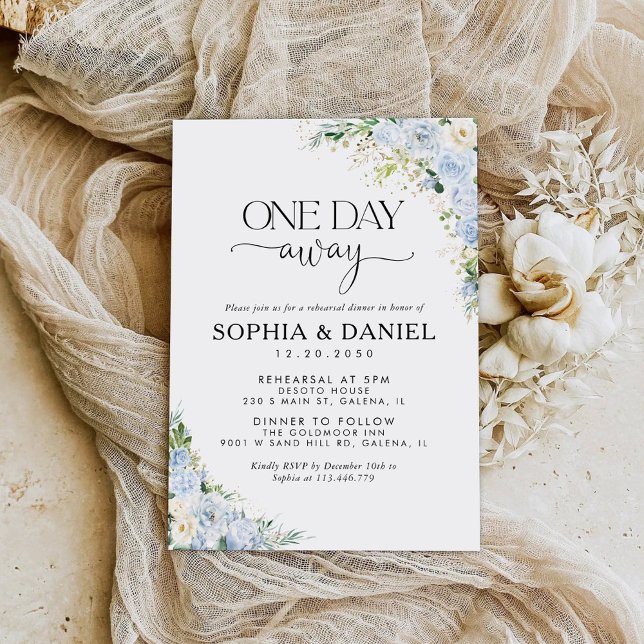 Convites Elegant Dusty Blue Floral One Day Away Invitation (Criador carregado)