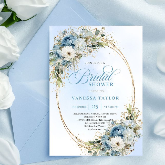 Convites Elegant Dusty Blue Floral Script Bridal Shower   (Elegant Dusty Blue Floral Script Bridal Shower Invitation)