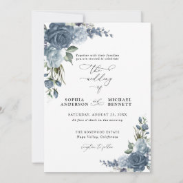 Convites Elegant Dusty Blue Floral Wedding Invitation