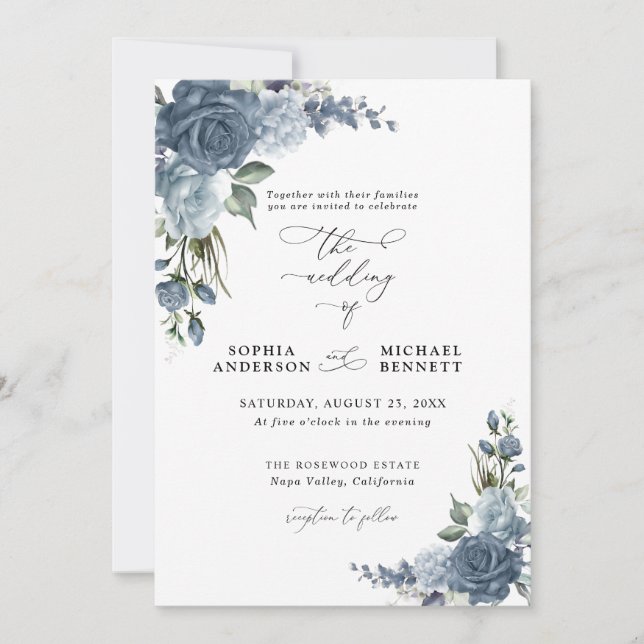 Convites Elegant Dusty Blue Floral Wedding Invitation (Frente)